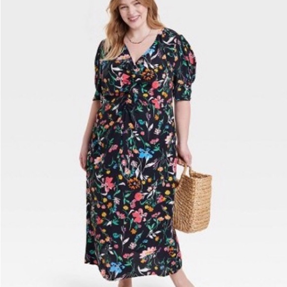 a new day Dresses & Skirts - NWT A New Day Women | Puff Short Sleeve Ruched A-Line Dress Black Floral XL